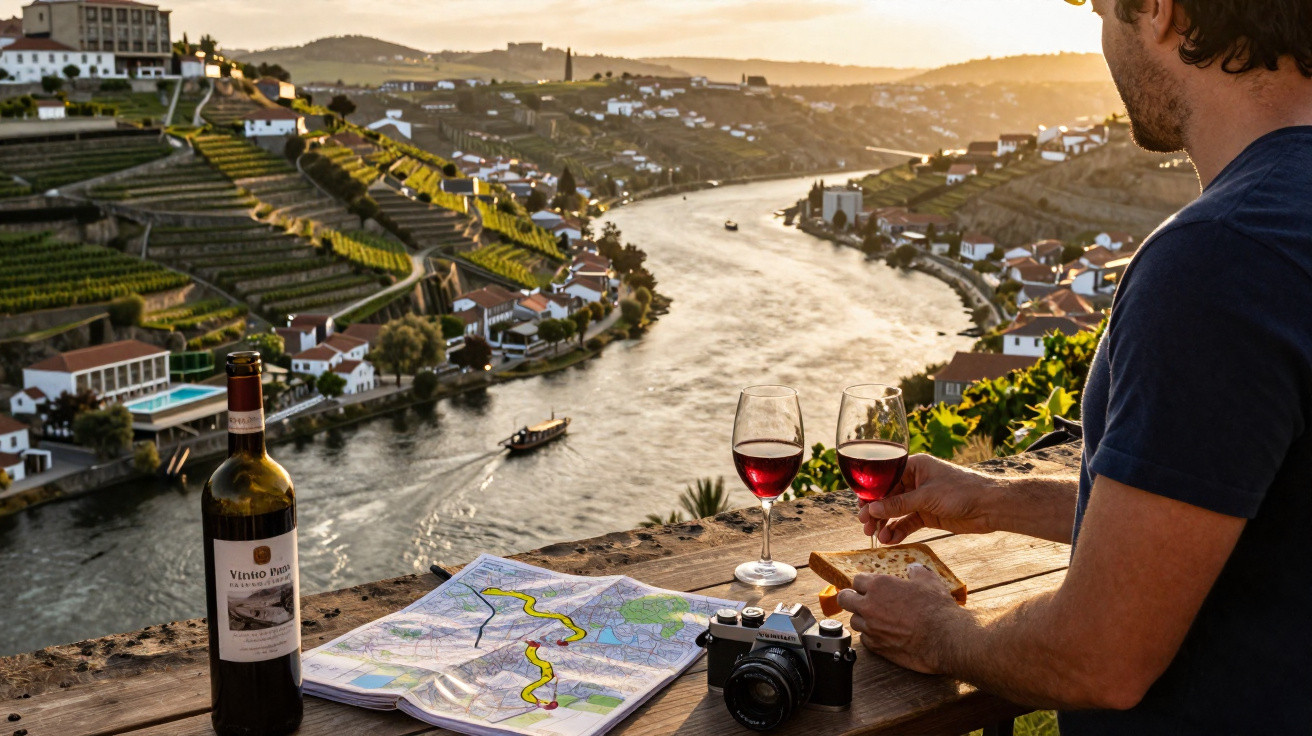 Homem observa rio e vinhedos no pôr do sol com taças de vinho, mapa e câmera sobre mesa de madeira.
