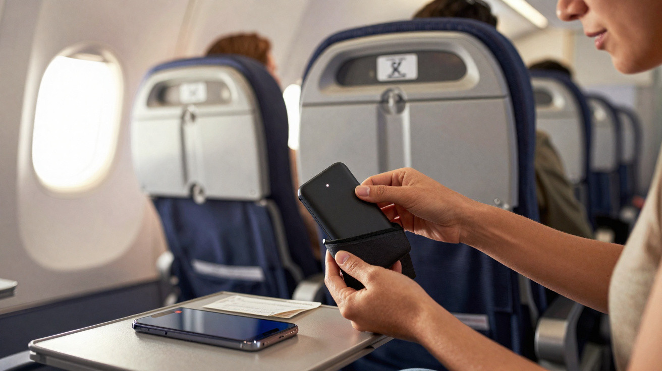 Pessoa sentada em avião abrindo estojo de carregador portátil com celular em bandeja.