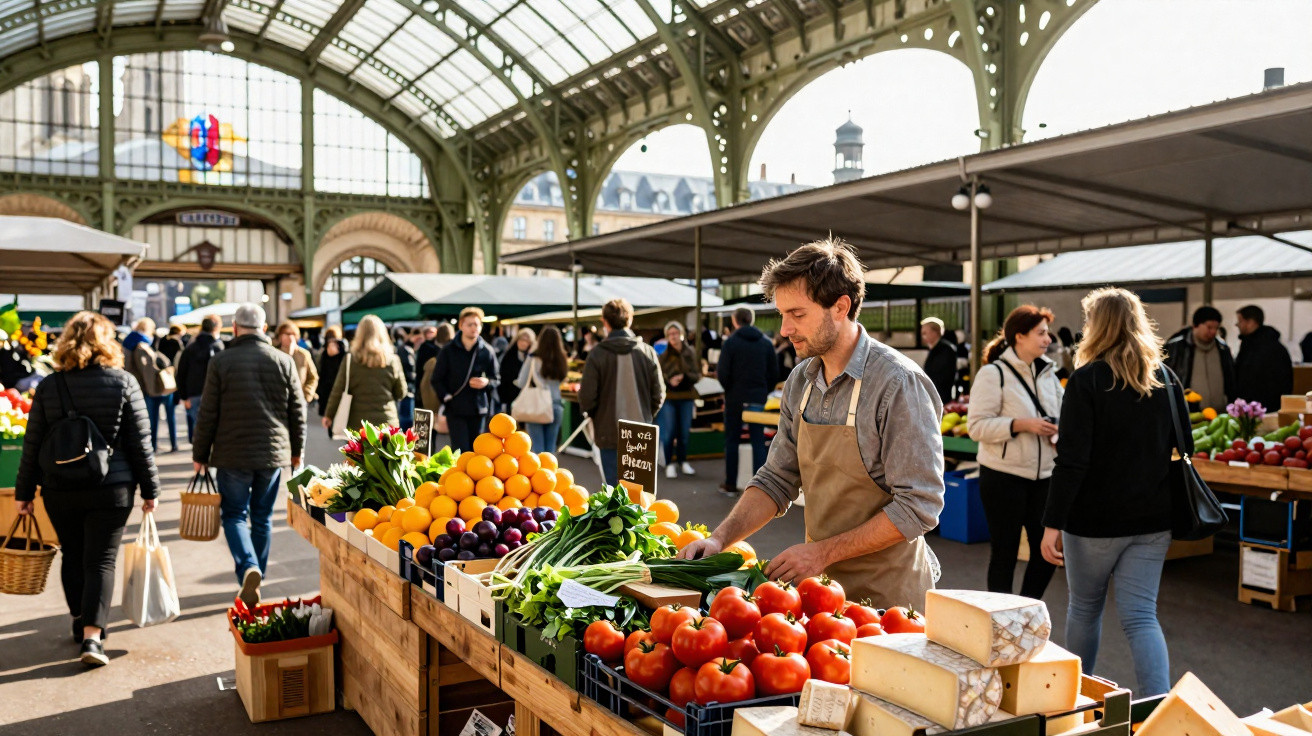 Homem vende frutas e queijos frescos em feira ao ar livre com pessoas caminhando e arquitetura metálica ao fundo.