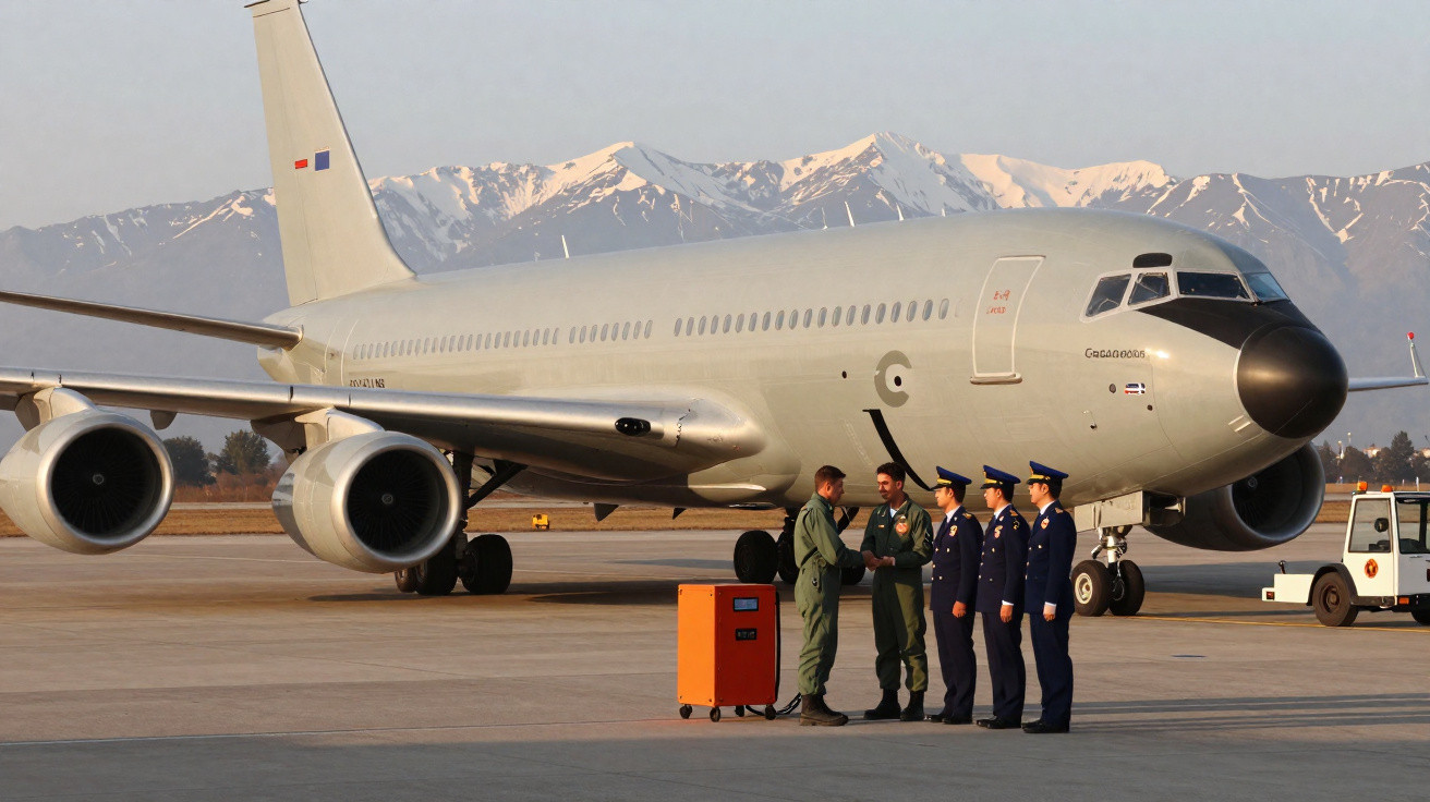 Avião militar estacionado com militares em uniforme conversando na pista com montanhas ao fundo.