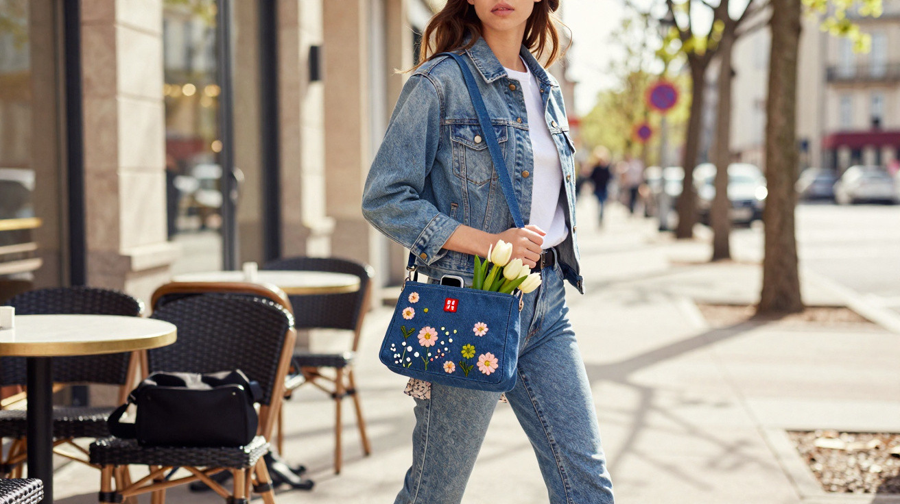 Mulher com jaqueta jeans e bolsa azul florida segurando tulipas brancas na rua ensolarada.