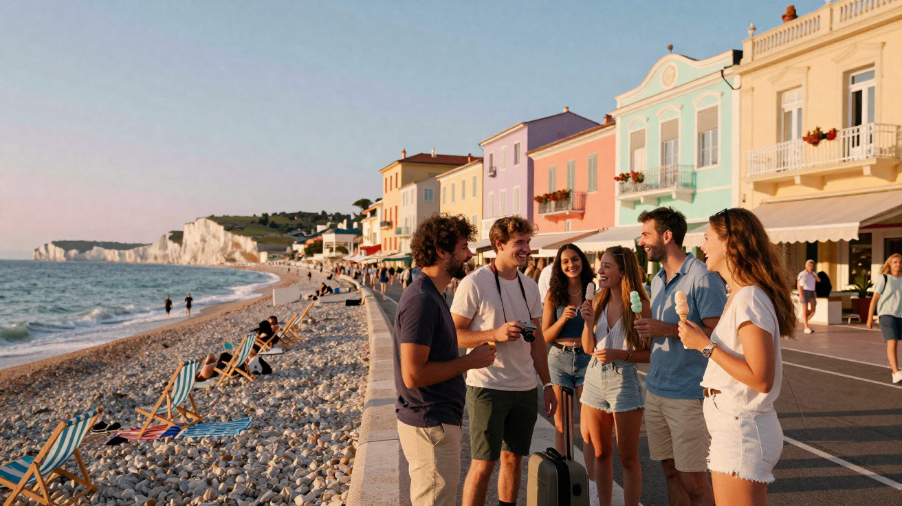 Grupo de amigos conversando e segurando sorvetes em calçadão de praia com casas coloridas ao fundo.