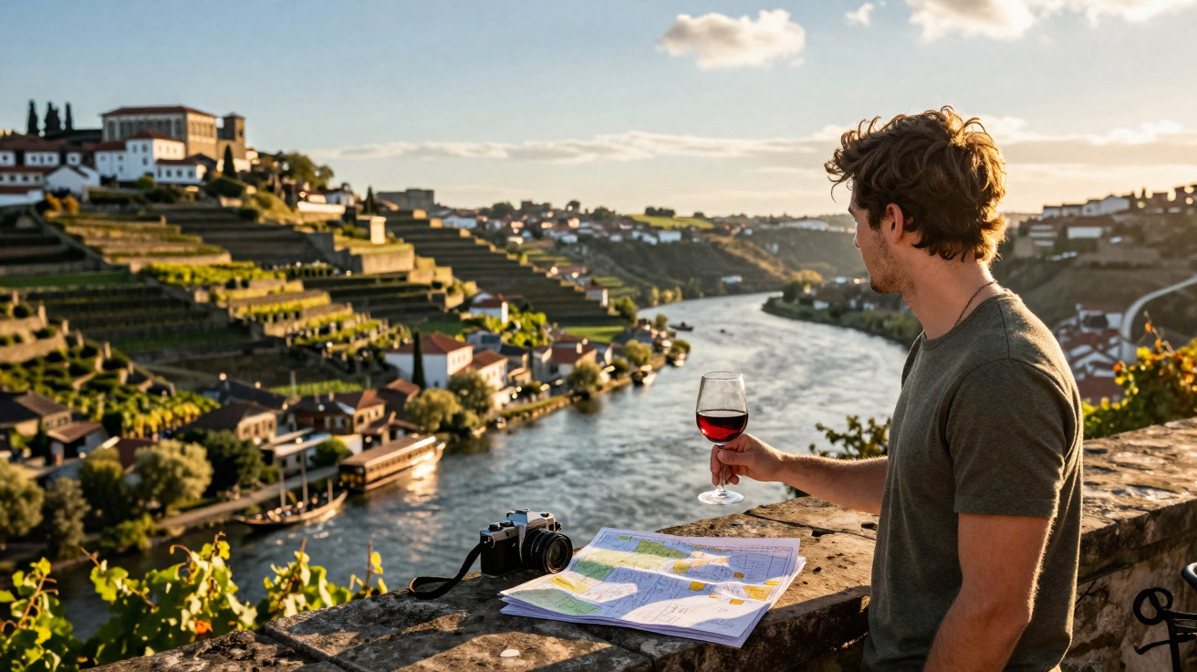 Homem segurando taça de vinho tinto com mapa e câmera à beira de rio com vinhedos em encostas ao pôr do sol.