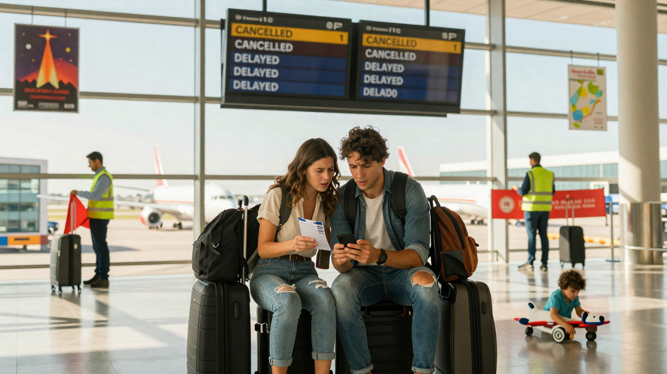 Casal jovem sentado com malas em aeroporto, olhando celular, voos no painel estão cancelados e atrasados.