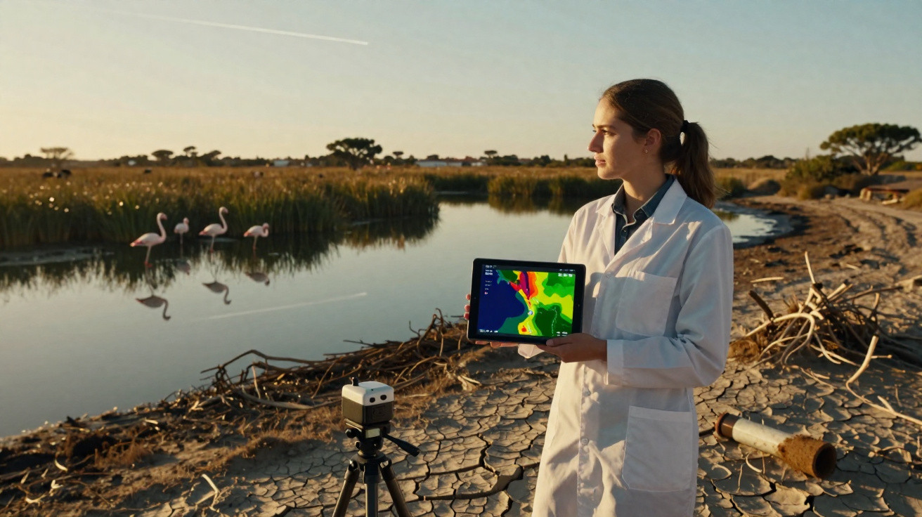 Pesquisadora em jaleco branco segurando tablet com mapa térmico perto de lagoa seca e flamingos.