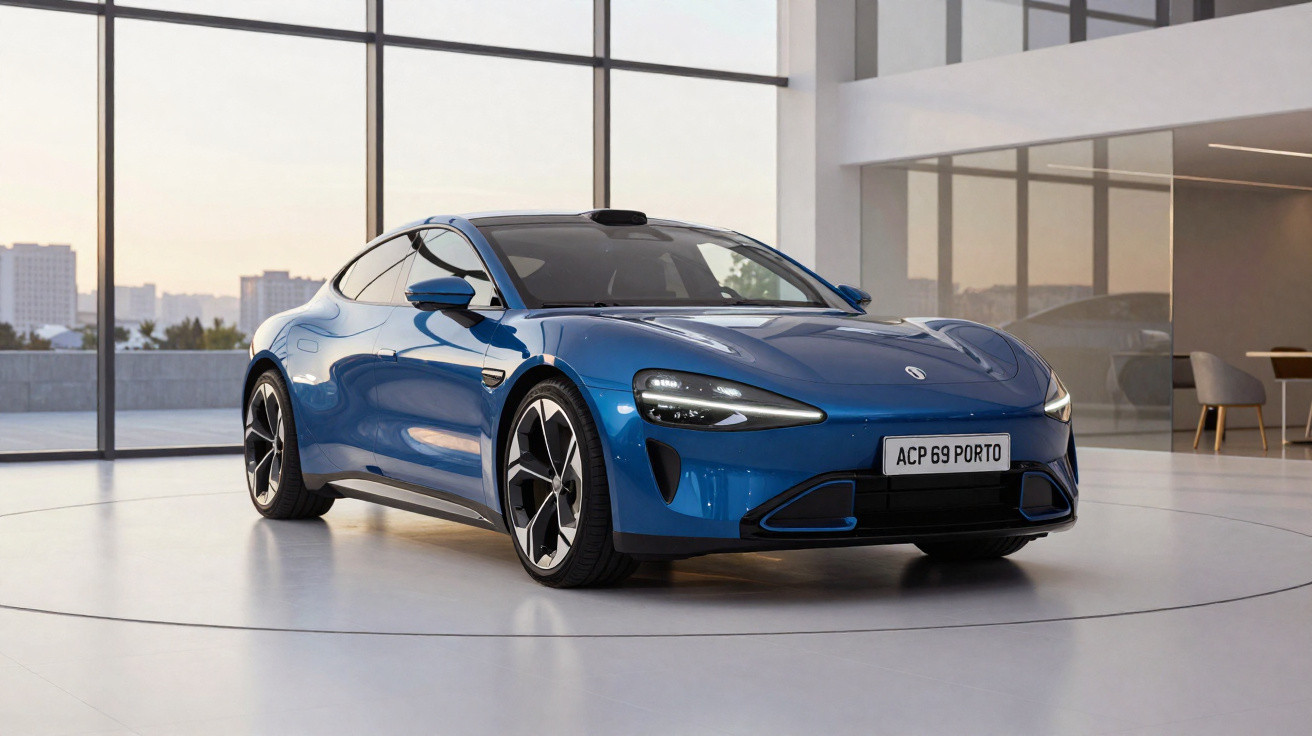 Carro esportivo azul com desenho aerodinâmico estacionado dentro de showroom moderno com vidro.