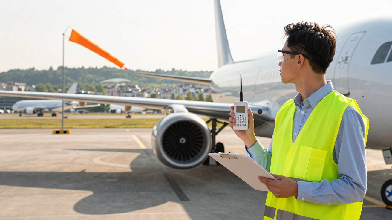 Homem com colete refletivo segurando rádio comunicador e prancheta próximo a avião no aeroporto.