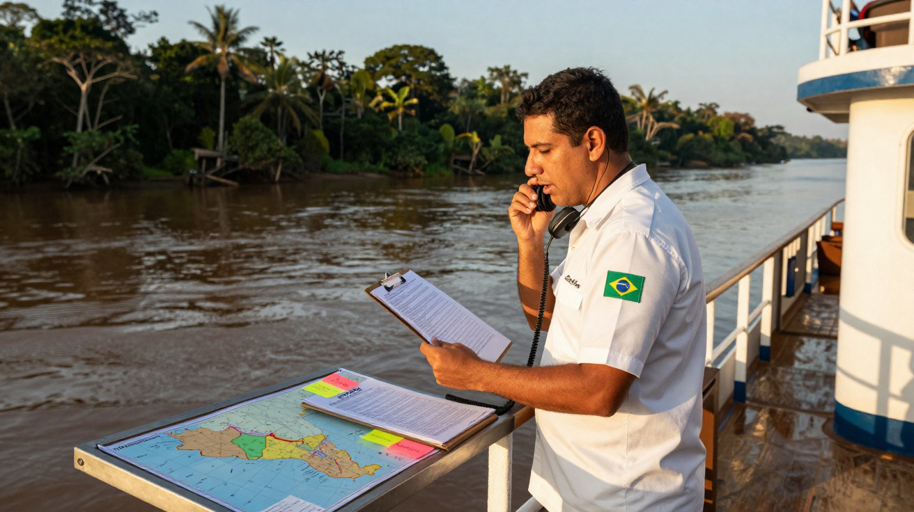 Homem brasileiro falando ao rádio no convés de barco com mapa e documentos durante o dia.
