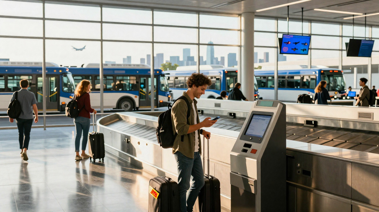 Homem usando celular perto da esteira de bagagens no aeroporto, com ônibus e prédios ao fundo.