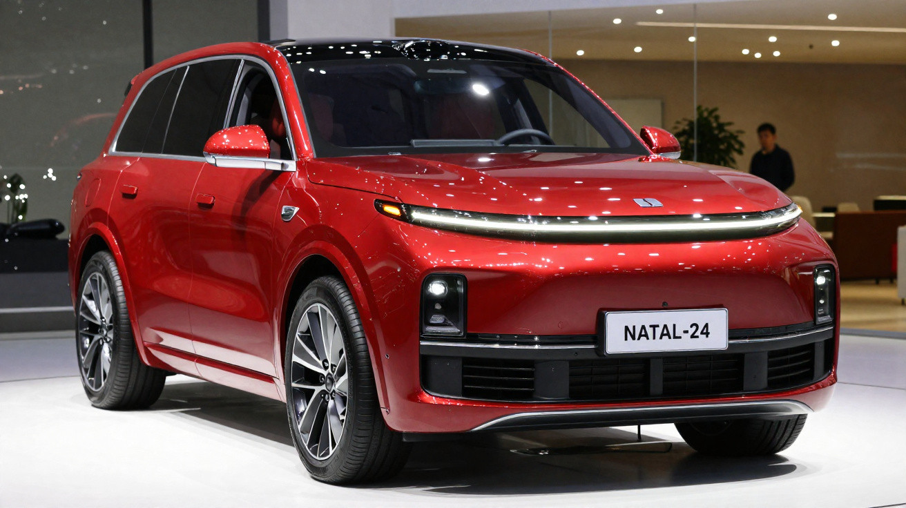 SUV elétrico vermelho modelo Natal-24 exposto em salão automobilístico moderno.