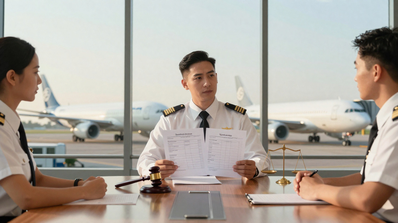 Piloto com uniforme segurando documentos em reunião com colegas, avião ao fundo na pista do aeroporto.