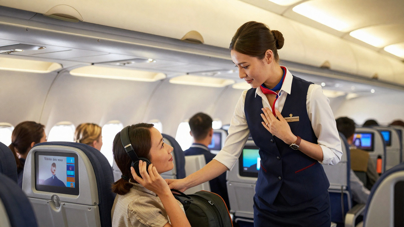 Comissária de bordo assistindo passageira com fones de ouvido dentro do avião.