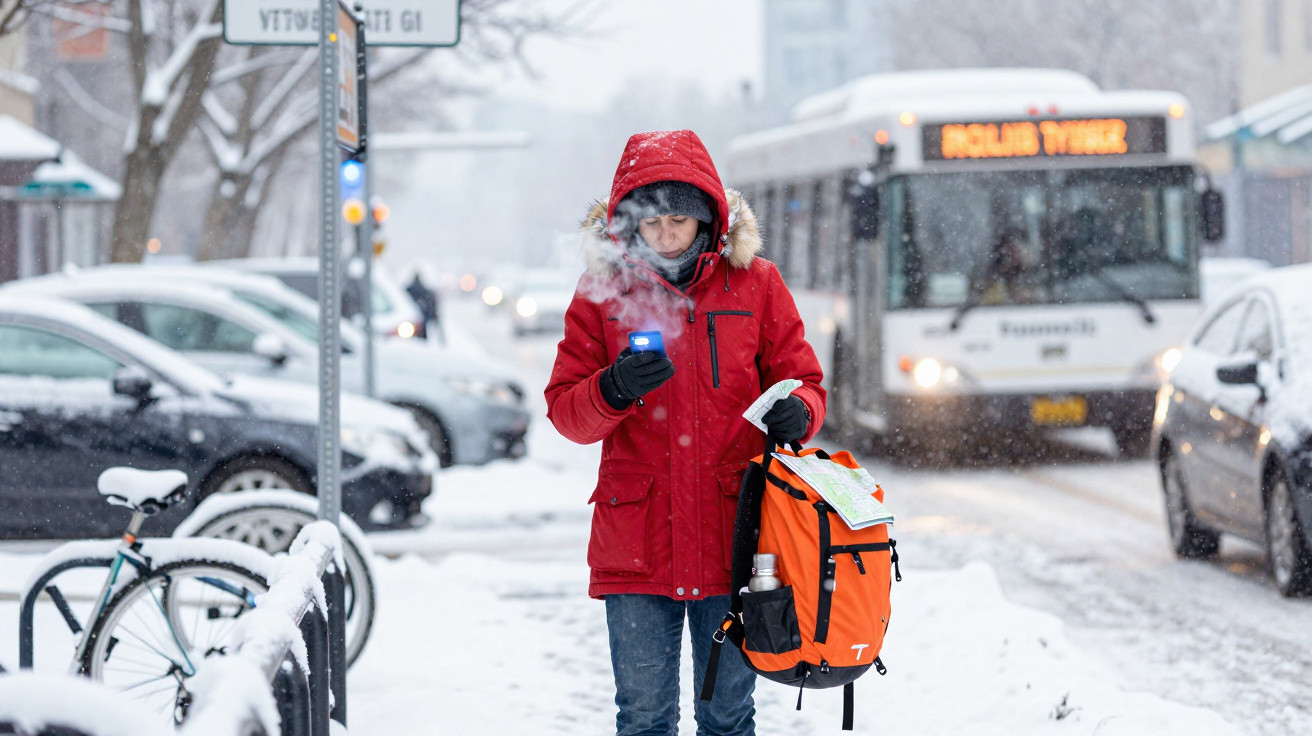 Pessoa vestindo casaco vermelho com capuz, segurando celular e mochila laranja, em rua nevada com ônibus ao fundo.