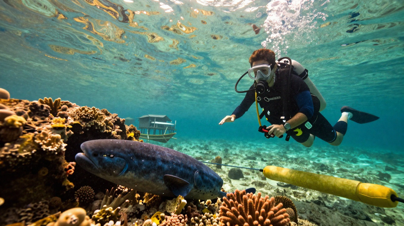 Mergulhador explorando recife de corais com um peixe grande em águas claras e calmas.