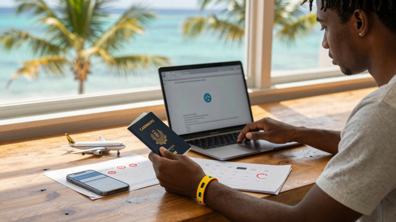 Homem segurando passaporte e trabalhando no laptop com praia ao fundo, mesa com celular e miniatura de avião.