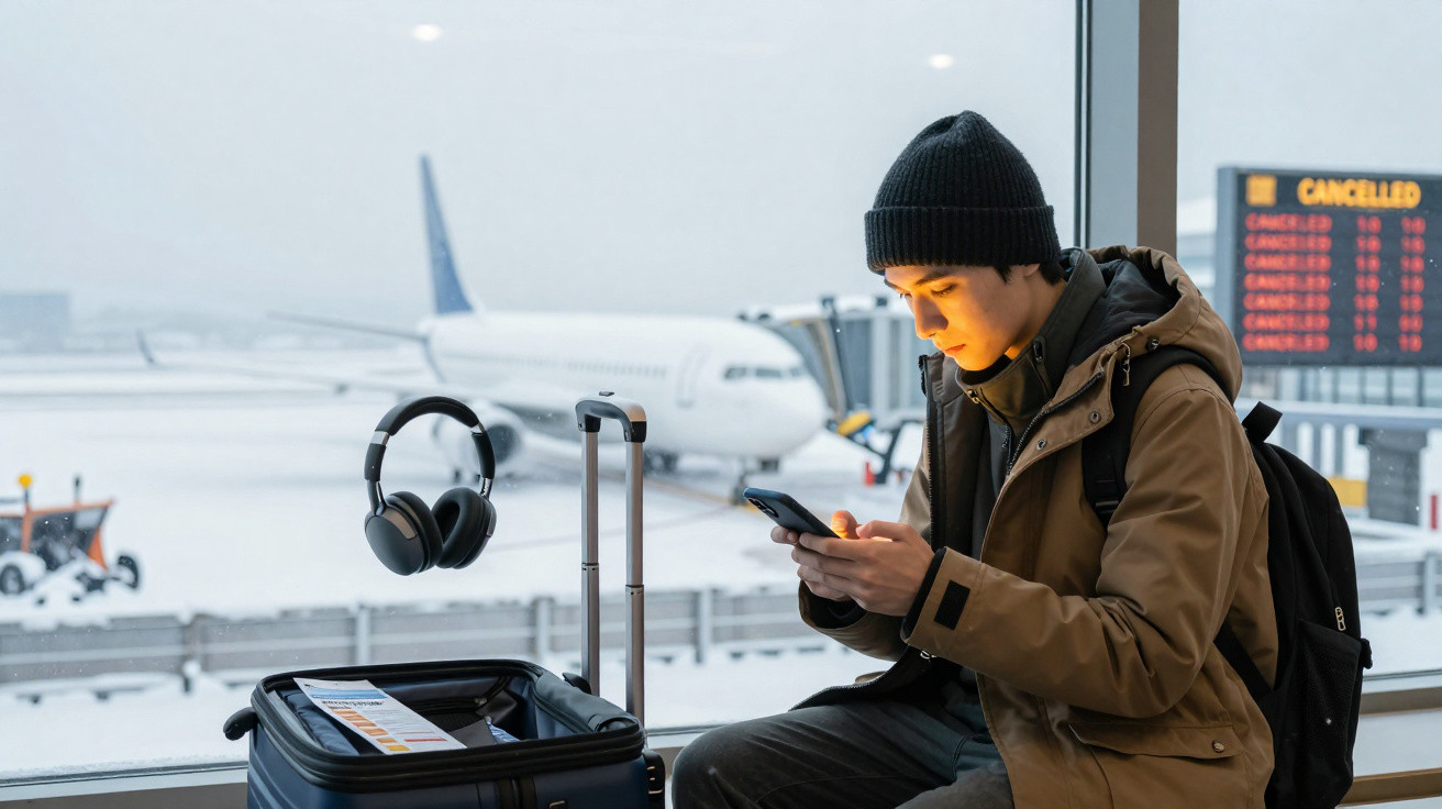 Jovem sentado no aeroporto com casaco e mochila, olhando o celular, com avião e tela de voos cancelados ao fundo.