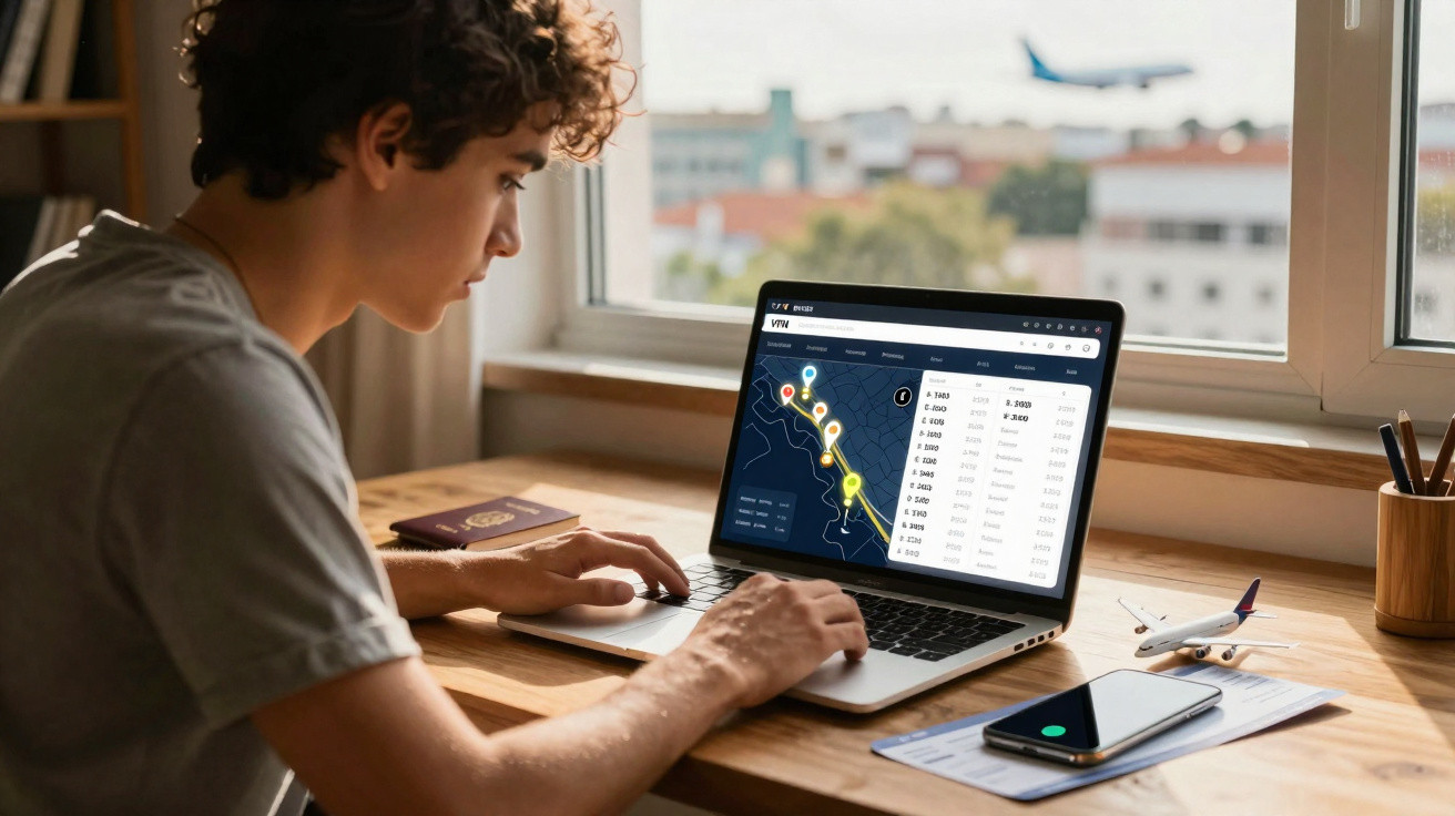 Jovem usando laptop para verificar rotas aéreas, com avião decolando ao fundo pela janela.