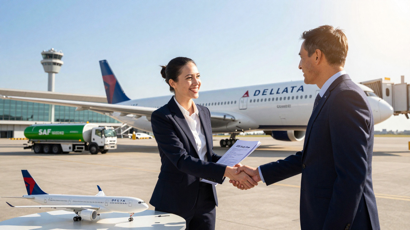 Profissional e cliente apertando mãos em aeroporto com aviões da Delta ao fundo.