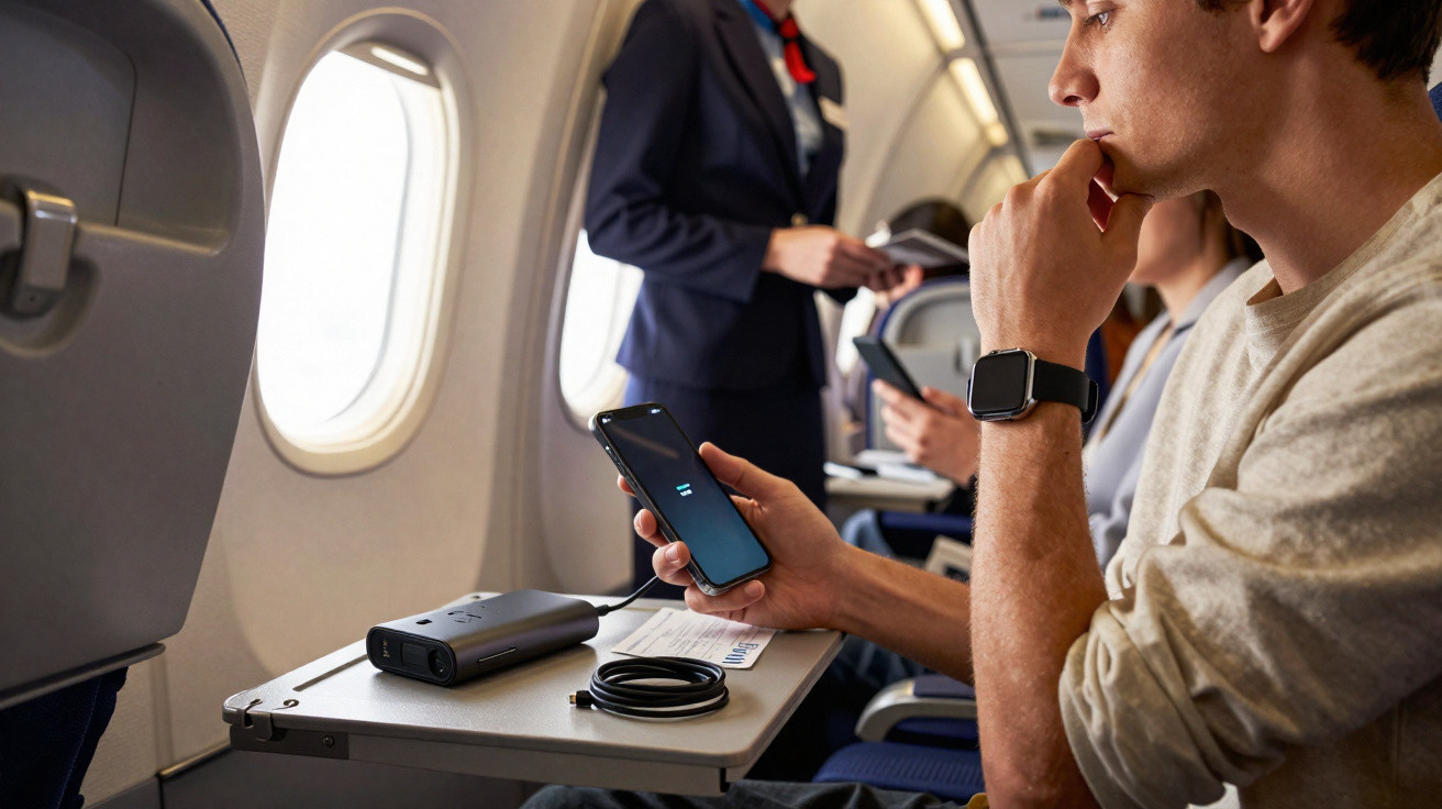 Passageiro olhando para celular com carregador portátil na mesa de avião, com aeromoça ao fundo.
