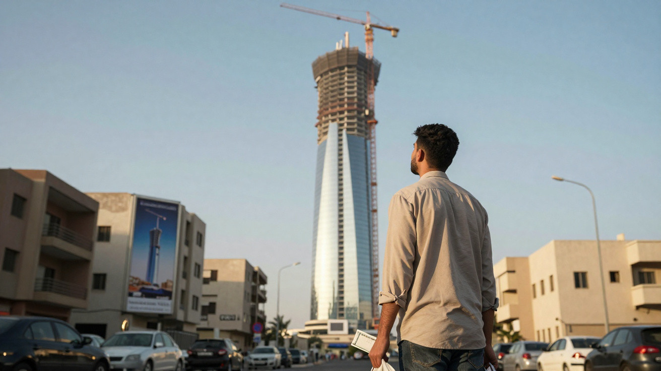Homem de costas observa arranha-céu em construção cercado por prédios baixos e carros estacionados.