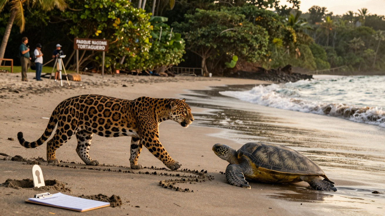Onça-pintada e tartaruga marinha próximas na areia da praia no Parque Nacional Tortuguero.