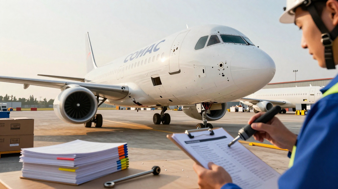 Funcionário de aeroporto faz inspeção com checklist próximo a avião branco estacionado no pátio.