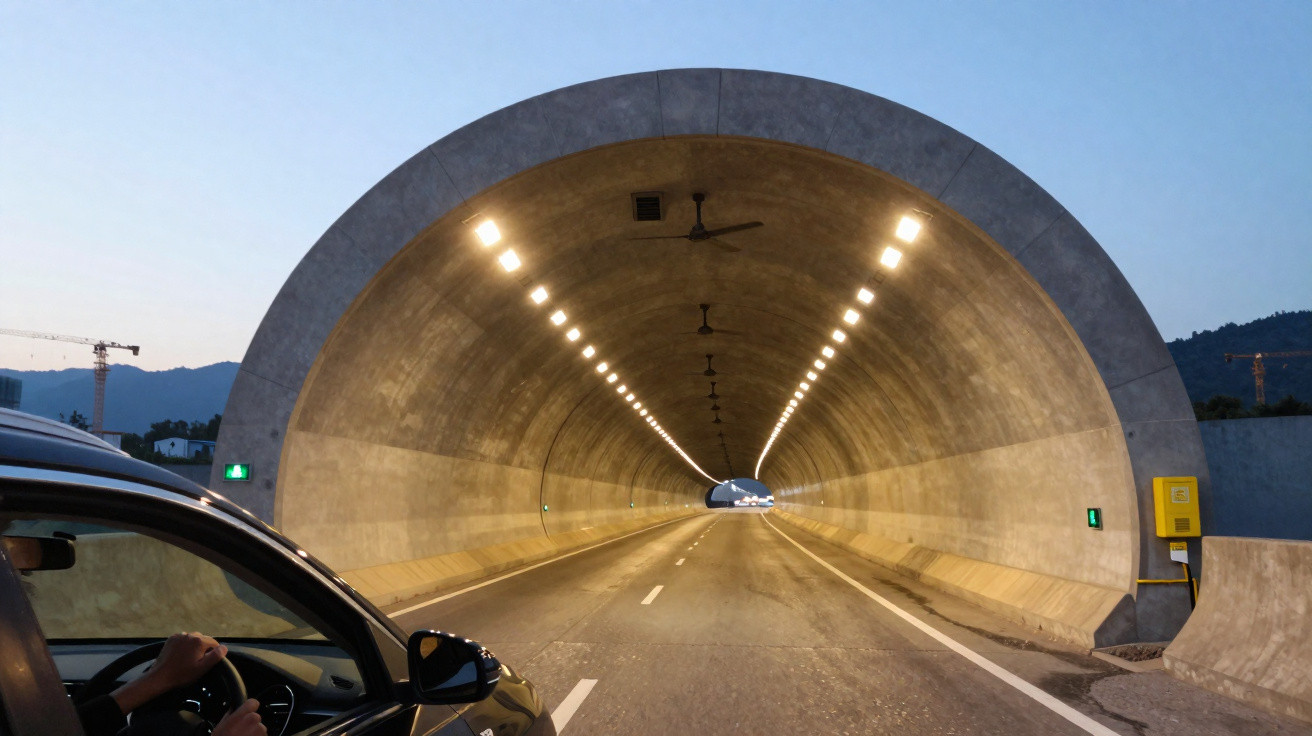 Carro entrando em túnel iluminado ao entardecer com montanhas ao fundo.