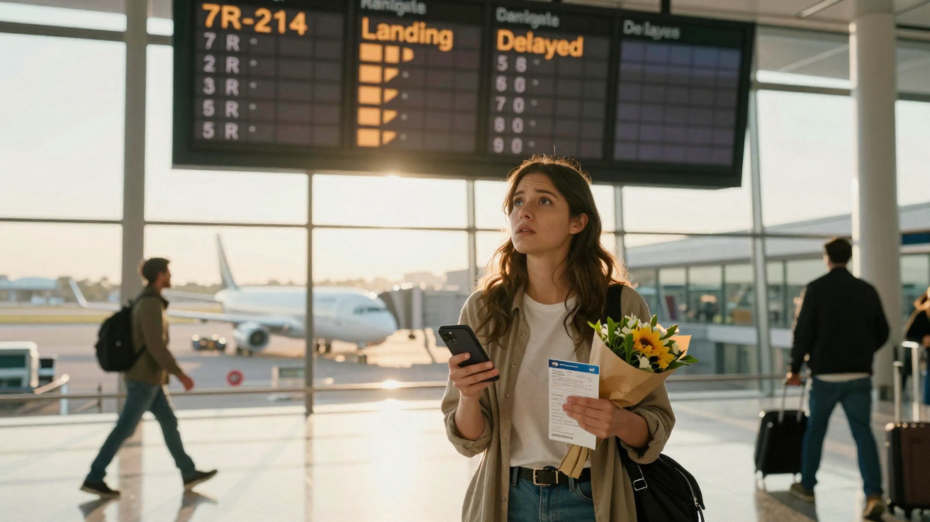 Mulher no aeroporto segurando celular, bilhete e flores, olhando para painel de voos com informações de atraso.