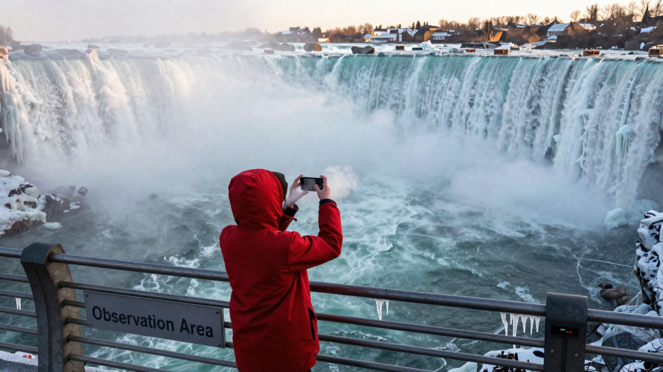 Pessoa de vermelho tirando foto da Catarata do Niágara em área de observação com gelo nas bordas.