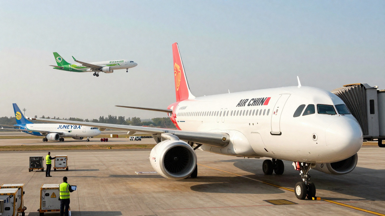 Aeronaves de Air China, Juneyao e Spring Airlines em pista de aeroporto, com funcionários em coletes refletivos.