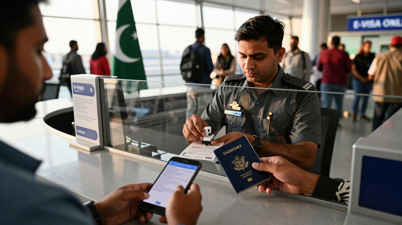 Agente de imigração carimbando passaporte americano em balcão de aeroporto com pessoas ao fundo.
