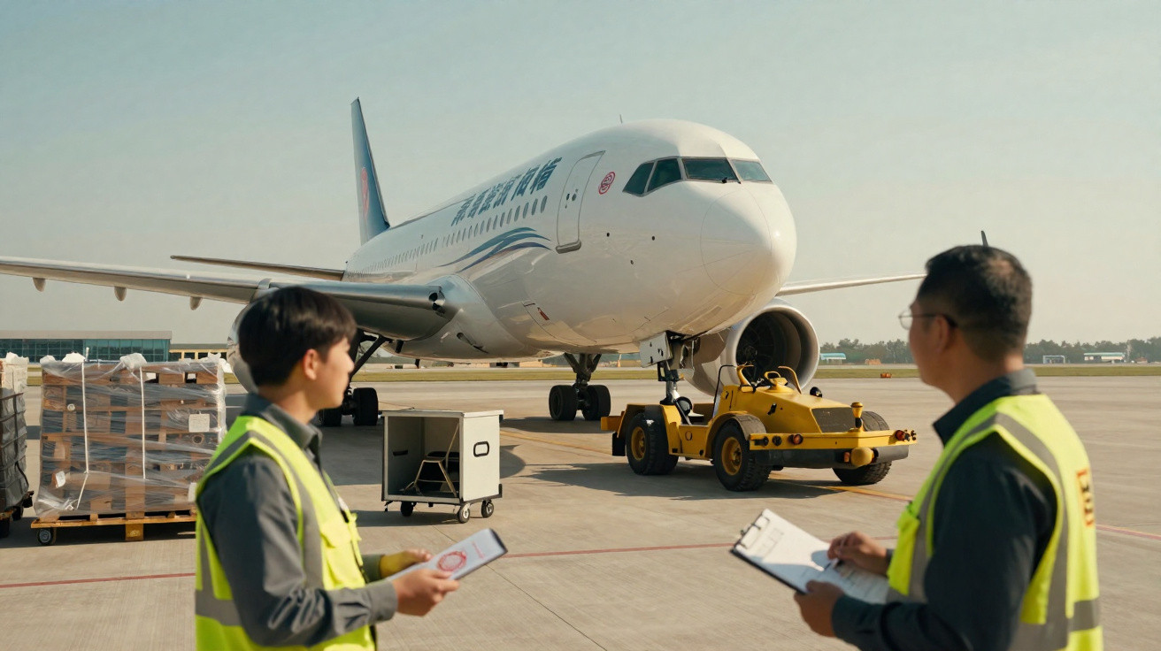 Dois trabalhadores com coletes reflexivos observam avião na pista enquanto ele é rebocado por veículo amarelo.