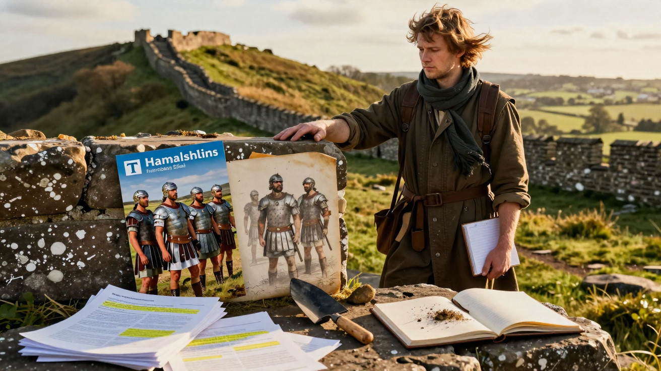 Homem estudando artefatos e ilustrações de soldados romanos ao ar livre em muralha histórica.