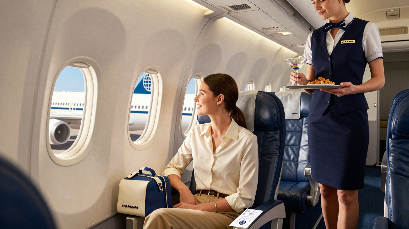 Passageira olha pela janela do avião enquanto comissária serve bebida e petiscos na cabine.
