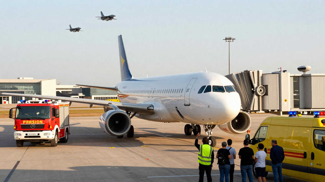 Avião branco na pista de aeroporto com equipe em solo, caminhão de bombeiros e dois jatos militares voando.