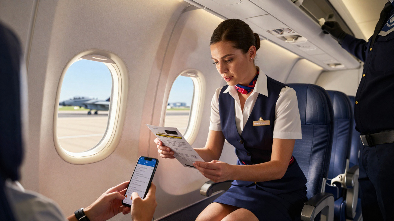 Comissária de bordo em uniforme lendo documento para passageiro com celular dentro de avião estacionado.