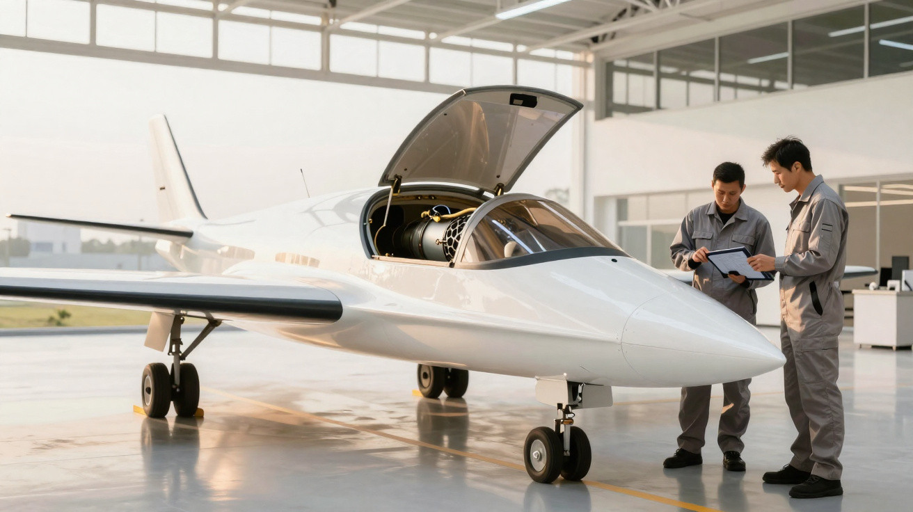 Dois técnicos em macacões cinza revisam documentos ao lado de um avião pequeno branco em hangar espaçoso.