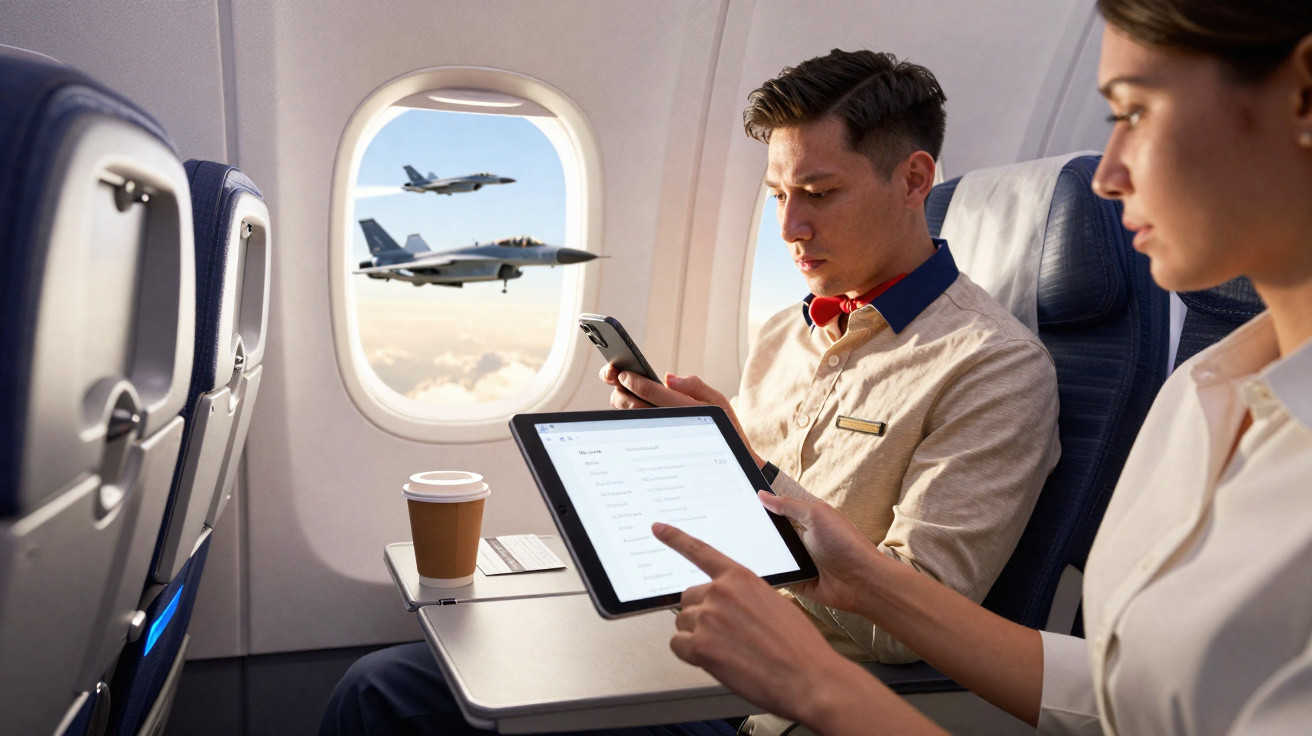 Passageiros dentro de avião olhando dispositivos eletrônicos com jatos militares voando fora da janela.