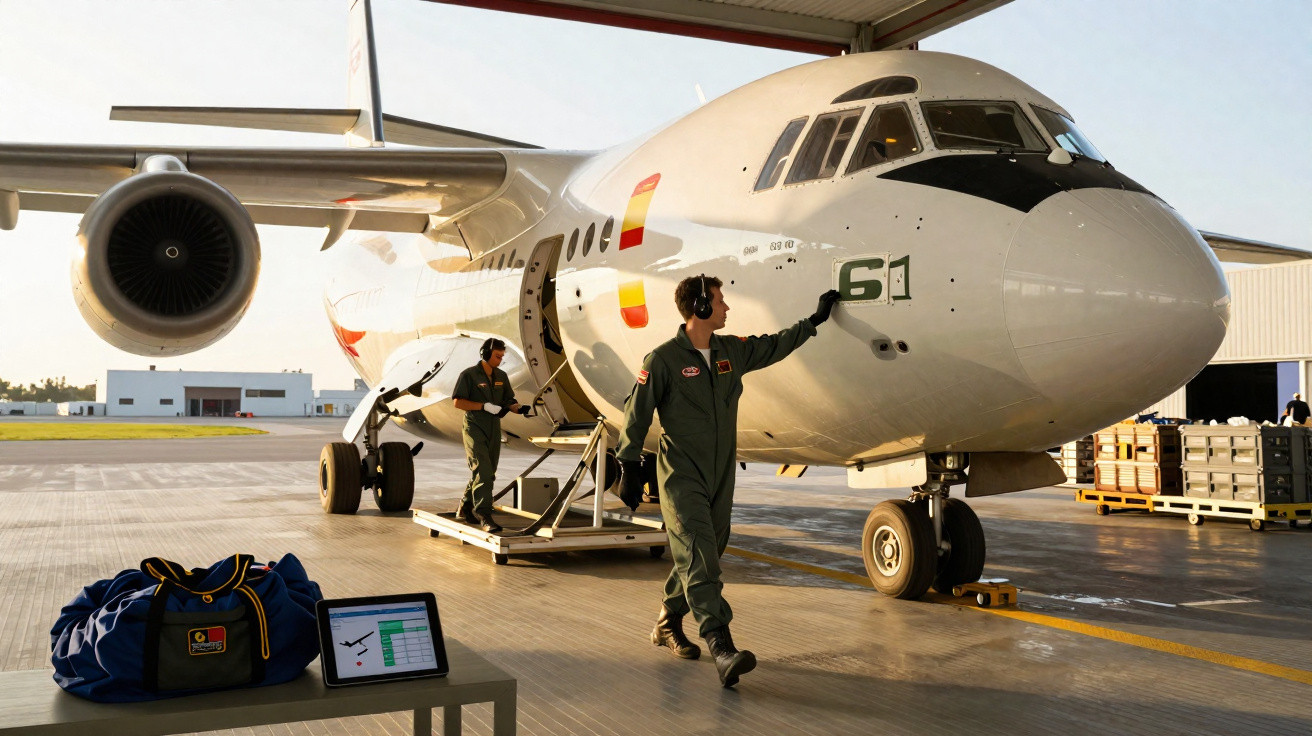Técnicos em macacões verdes inspecionam aeronave branca estacionada em hangar de aeroporto durante o dia.
