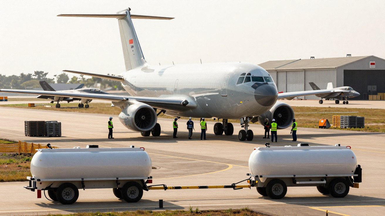 Avião militar branco parado na pista com equipe de solo vestindo coletes verdes ao redor, caixas de combustível na frente.