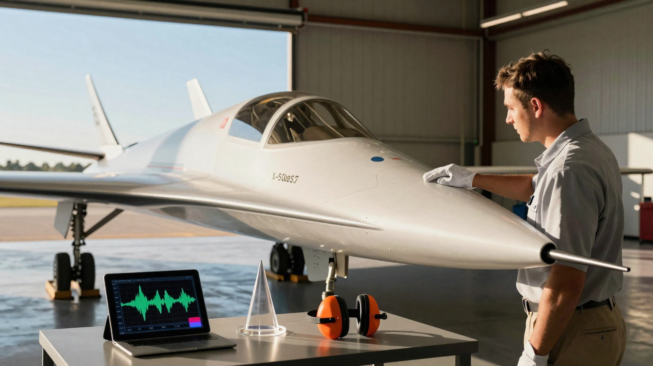 Homem inspeciona modelo de avião supersônico branco dentro de hangar enquanto monitora dados em laptop.