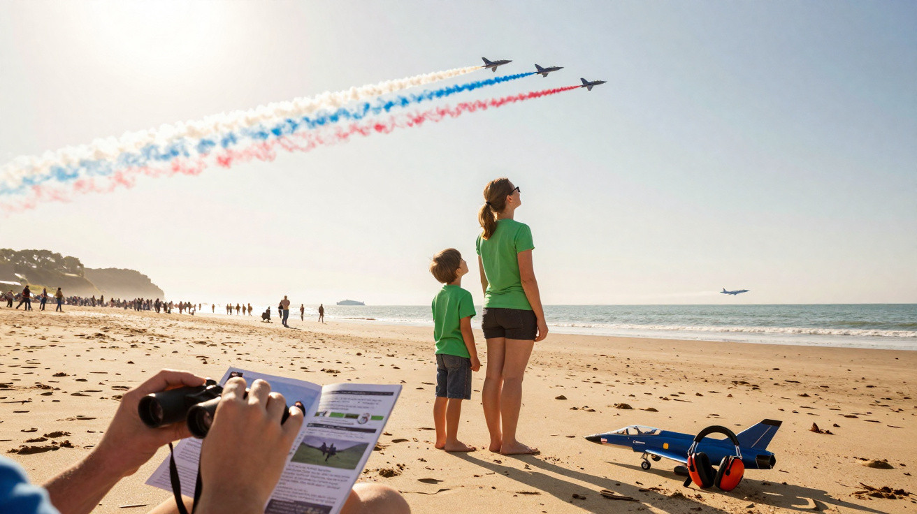 Pessoas assistindo show aéreo na praia com fumaça colorida e avião de brinquedo no chão.
