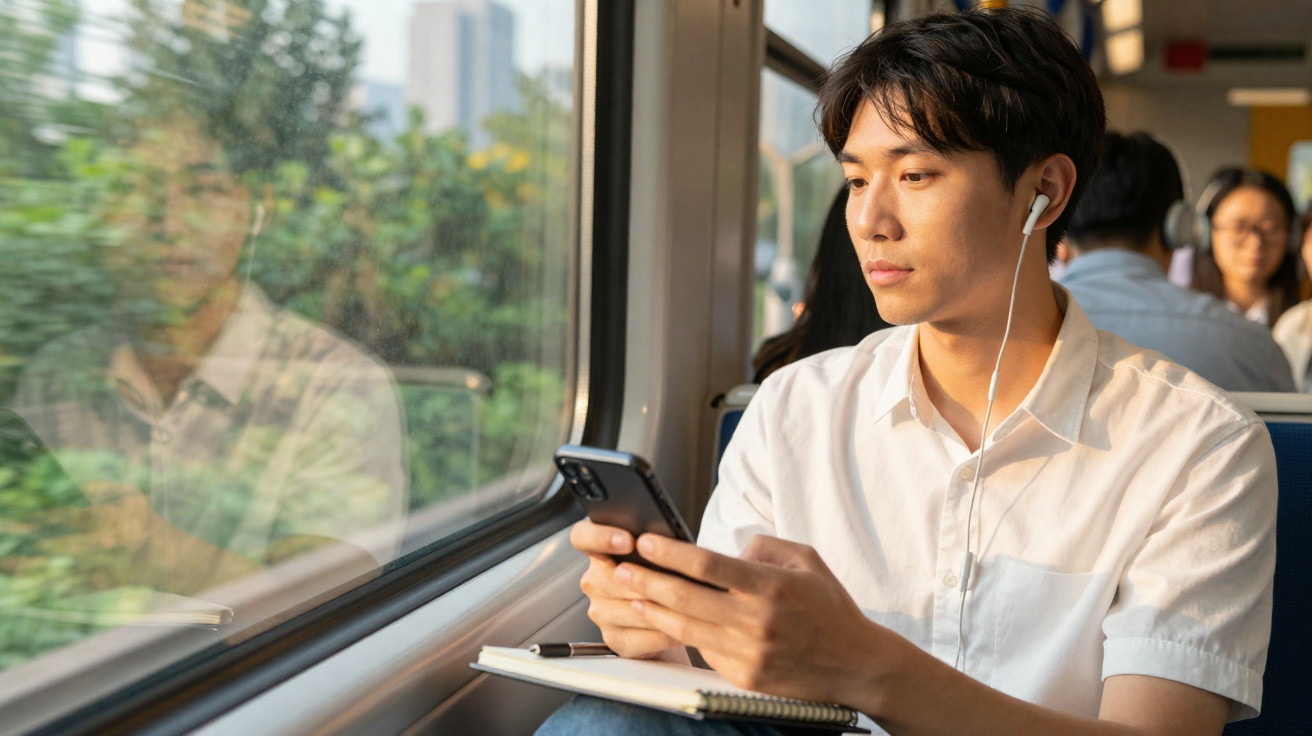 Homem jovem usando fones de ouvido e celular em um trem, olhando pela janela com caderno no colo.