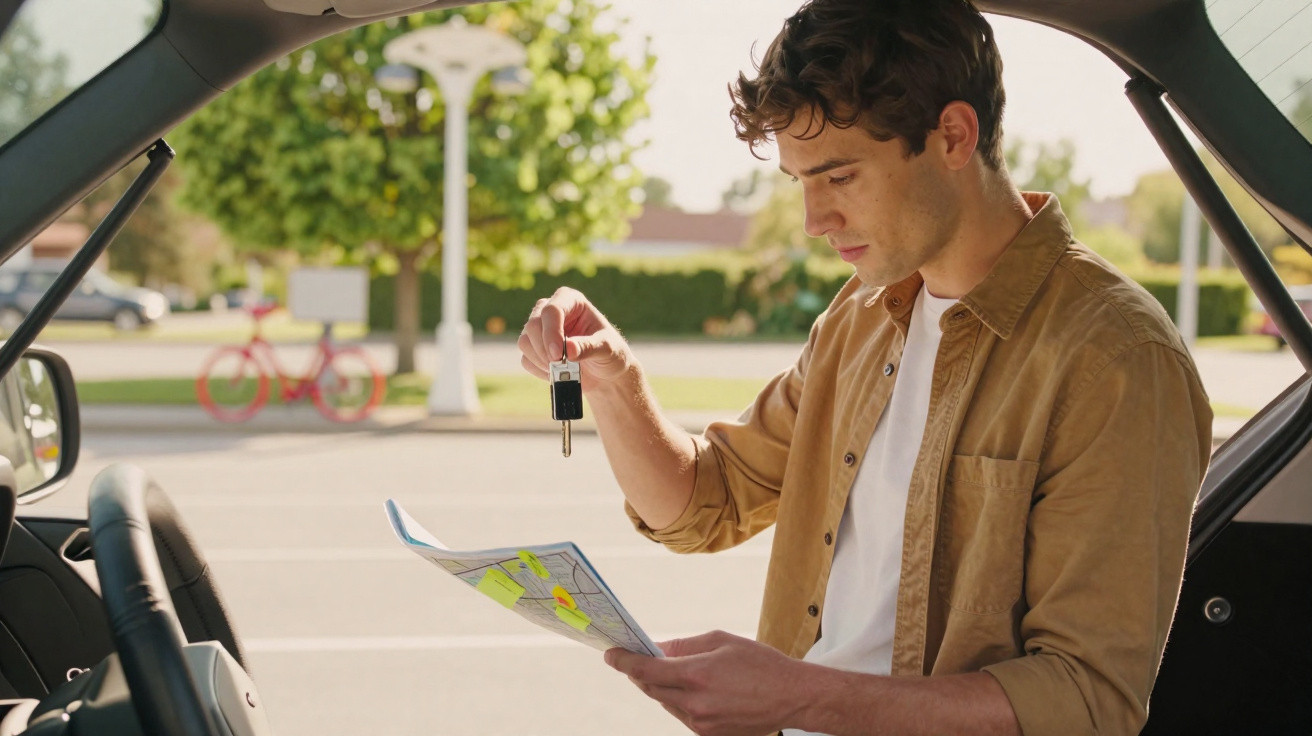 Homem em pé ao lado de carro segurando chave e consultando um mapa em estacionamento ao ar livre.