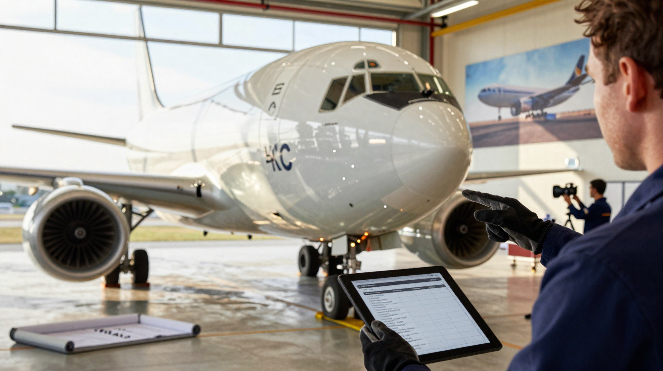 Técnico inspecionando avião branco em hangar com tablet nas mãos e outra pessoa filmando ao fundo.