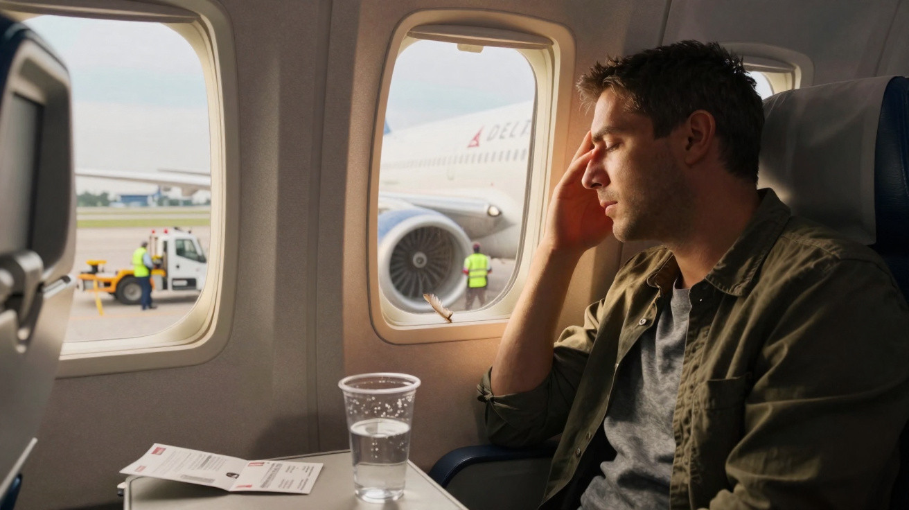 Homem sentado em avião olhando pela janela com expressão cansada, com copo de água na mesa à sua frente.