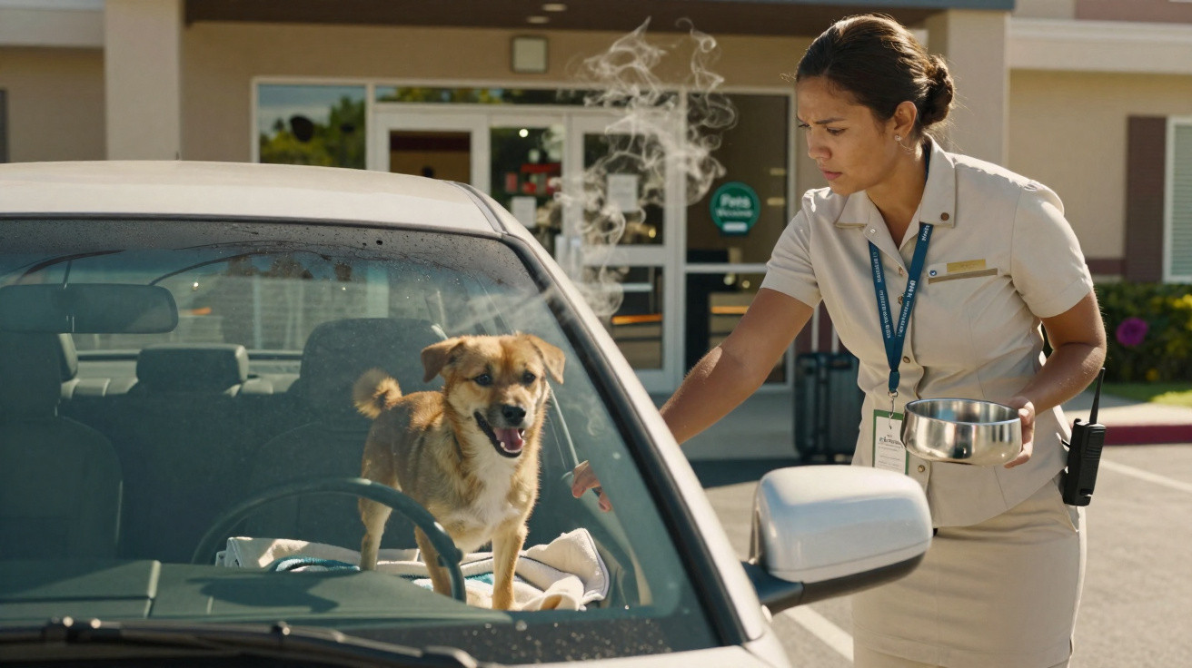 Mulher em uniforme tentando resgatar cachorro preso dentro de carro em estacionamento de hotel.