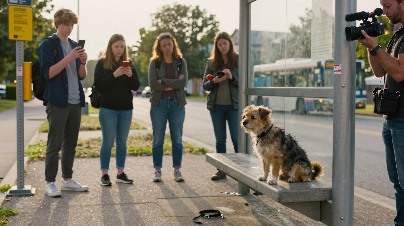 Cachorro sentado em ponto de ônibus enquanto cinco pessoas ao redor usam celulares e uma grava câmera.