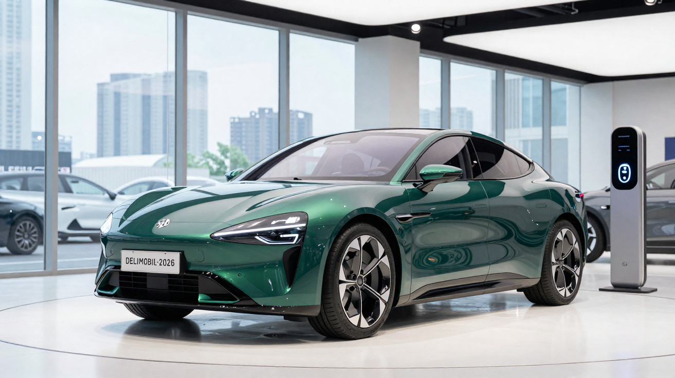 Carro elétrico verde Delimobil-2026 em exposição com estação de recarga em ambiente moderno e iluminado.