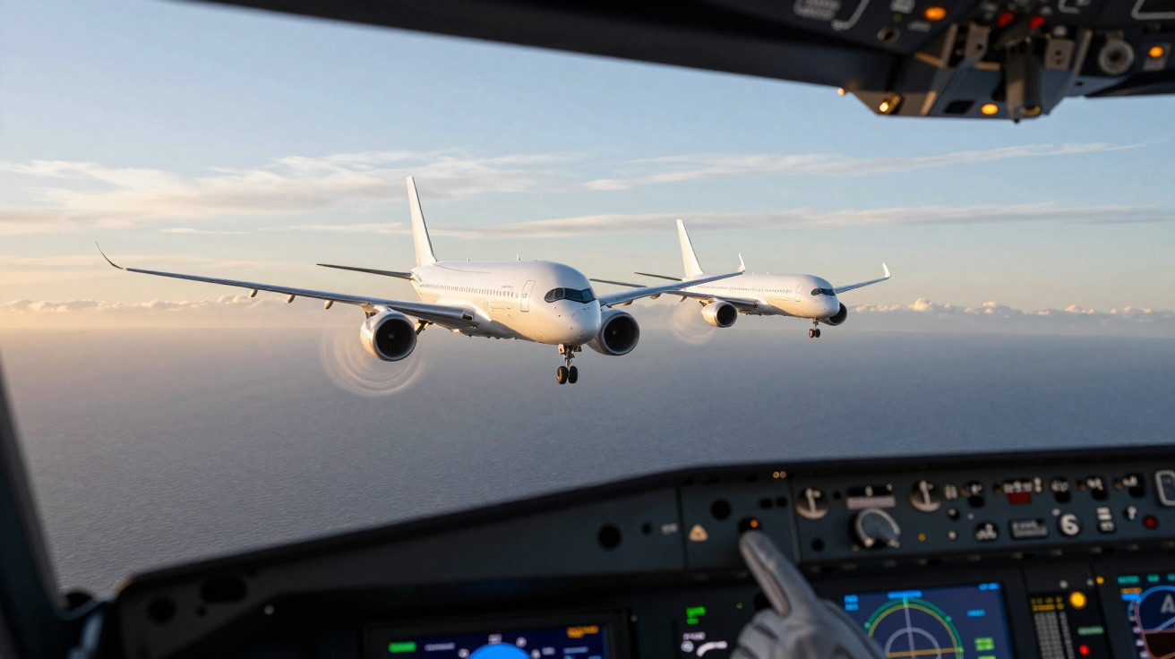 Dois aviões voando lado a lado vistos da cabine de pilotagem com o mar e céu ao fundo.